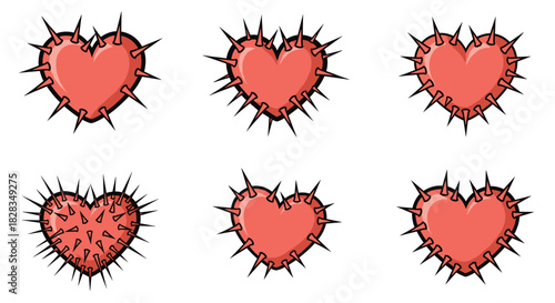 A set of six stylized red hearts, each uniquely adorned with sharp, black-outlined spikes, conveying themes of pain, protection, or emotional struggle.
