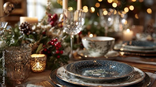 Beautiful festive table setting featuring elegant dinnerware and warm candlelight for a holiday celebration with friends and family