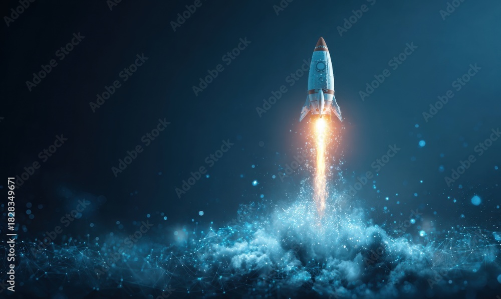 Fototapeta premium Rocket Launching into the Dark Night Sky with Bright Flames.