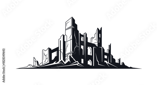 Stylized black and white illustration depicting the crumbling silhouette of an abandoned city in ruins, evoking a post-apocalyptic or ancient forgotten landscape.