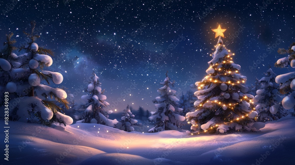 Naklejka premium Magical Christmas Tree in Snowy Forest Under Starry Night Sky