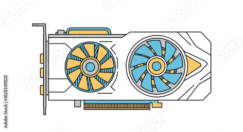Stylized illustration of a modern computer graphics card with dual cooling fans, featuring a white casing and blue-orange accents.