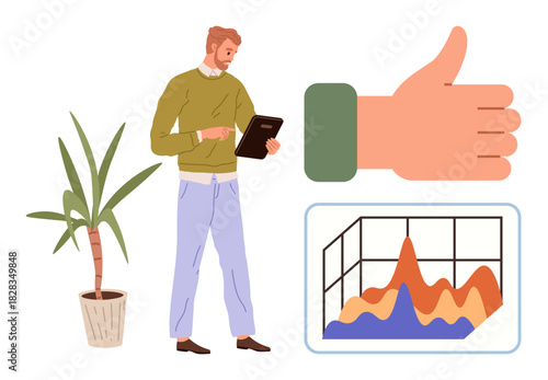 Man holding tablet by graph chart and thumbs-up sign, symbolizing success. Ideal for analytics, social approval, business growth, productivity, strategy, motivation, simple flat metaphor
