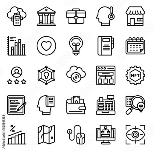 Business, Finance, and Digital Marketing Line Icon Set. Collection of NFT, Analytics, and E-commerce Outline Symbols.