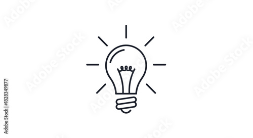 A simple line art icon depicting a bright lightbulb with radiating light, symbolizing new ideas, creativity, and solutions.