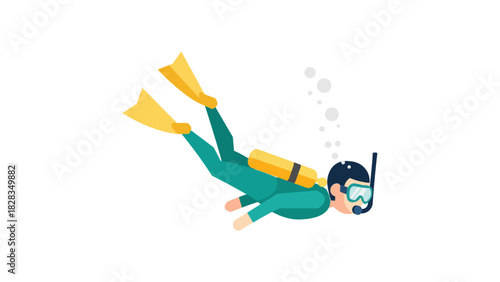 Flat vector illustration of a scuba diver swimming underwater in deep blue ocean with breathing equipment