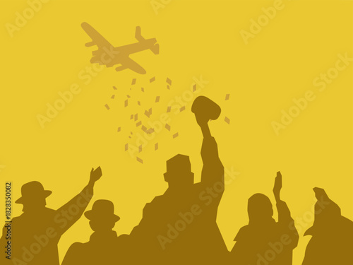 Vector silhouette of soldiers celebrating while an aircraft flies above, releasing confetti. Symbolic illustration representing victory, celebration, unity, and military pride.