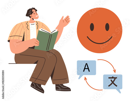 Person reading a book, smiling face icon, and language translation arrows between speech bubbles. Ideal for education, language learning, communication, cultural exchange, knowledge, positivity
