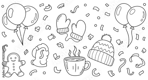 Festive Winter Icons Collection Balloons Mittens, Hot Drink, and Treats