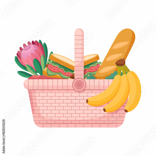 An inviting picnic basket filled with fresh fruits and sandwiches, presenting a cozy, wholesome outdoor dining experience ideal for leisure gatherings.