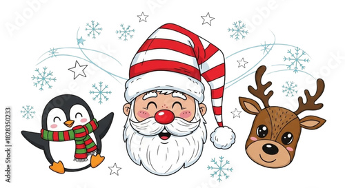 Adorable Christmas Characters Santa Claus Penguin and Reindeer with Snowflakes Illustration