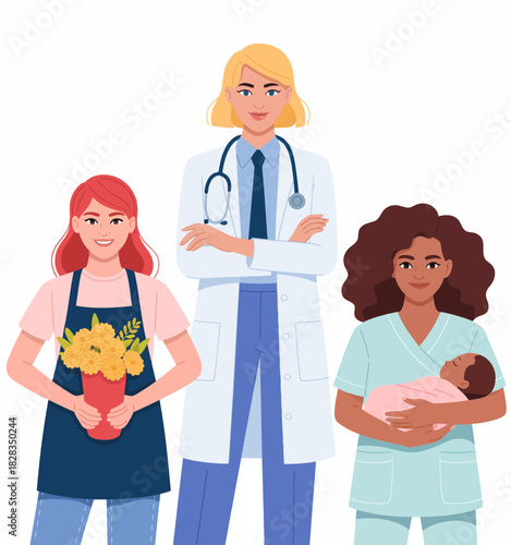 This illustration celebrates diverse women in various professions holding symbolic items, showcasing empowerment, care, and community contributions in a vibrant and positive light.