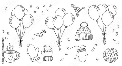 Winter Celebration Balloons, Mittens, and Festive Cheer Illustration