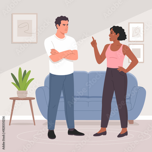 An illustration showing a couple having a serious argument in their living room, capturing the tension and emotions that arise in personal relationships.