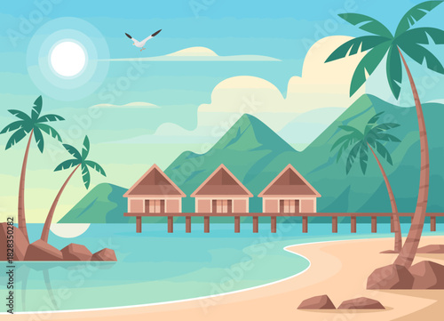 This stunning tropical landscape showcases serene beach bungalows under vibrant skies, evoking a sense of relaxation, escape, and the beauty of nature's coastal wonders.