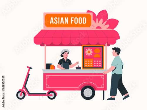 An inviting illustration of an Asian food cart presenting a colorful menu, enticing viewers with a variety of delectable dishes in an urban street scene.