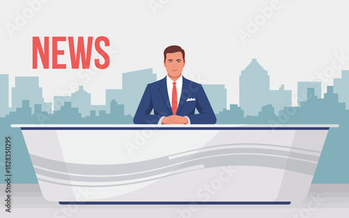 This image features a professional news anchor seated behind a sleek, contemporary news desk, set against a city skyline, symbolizing modern journalism and communication.