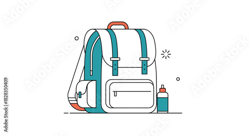 A vibrant illustration of a classic backpack, featuring teal accents and an orange handle, accompanied by a matching water bottle, ready for adventure.