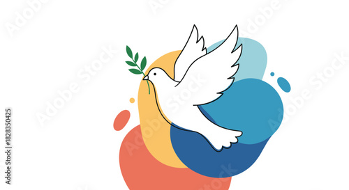 A white dove carrying a green olive branch, symbolizing peace and hope, gracefully flies against a backdrop of colorful, organic shapes.