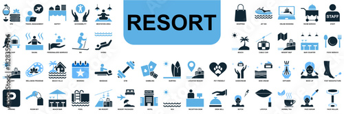 Set Resort Icon Vector Ideal for travel agencies, booking platforms, and tourism graphics requiring a collection of hospitality amenity symbols.
