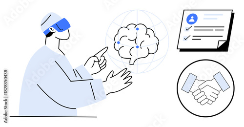 Person in VR headset interacting with brain, document, and handshake visuals. Ideal for technology, innovation, neuroscience, virtual collaboration, digital learning, future concepts simple flat