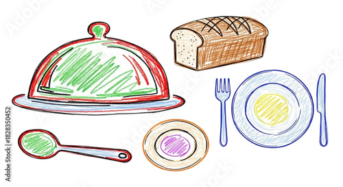 Colorful Culinary Sketch Bread, Plate, Spoon, and Covered Dish