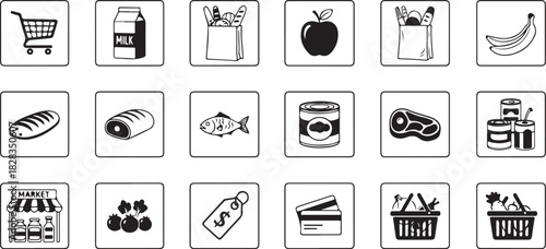 Grocery Shopping Icons Set in Black and White Style