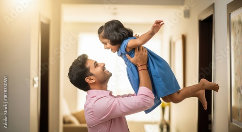 A joyful father lifts his daughter into the air outdoors, both smiling and enjoying a sunny moment together.