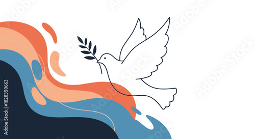 A beautiful white dove in flight, carrying an olive branch, symbolizes peace and hope against a backdrop of flowing abstract colorful shapes.