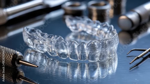 Clear dental aligners positioned on a reflective surface with dental tools and metal fixtures in a bright and clean environment
