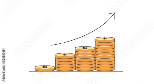Stacks of golden coins increasing in height, illustrating financial growth and upward trend with an ascending arrow.