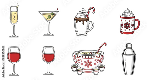 Colorful illustration set of festive drinks and holiday beverages, perfect for celebrations