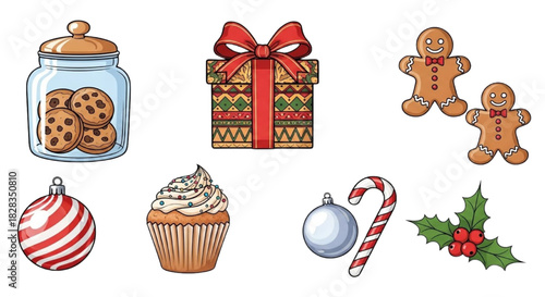 Christmas treats and decorations including cookies, gingerbread, cupcake, baubles and candy cane