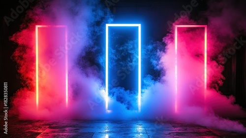 Neon doorways framed by smoke