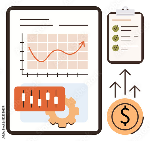 Growth trend graph, settings panel, checklist, and dollar icon with upward arrows. Ideal for finance, analytics, investment, planning progress optimization and strategy concepts. Simple flat