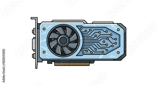 A clear vector illustration of a modern computer graphics card, featuring a cooling fan and detailed circuit board design, symbolizing powerful computing and gaming hardware.