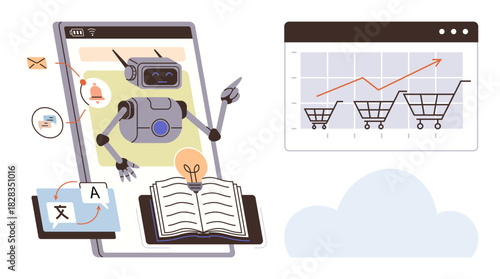AI robot interacting with a tablet, managing translation, analyzing e-commerce growth charts, and exploring knowledge themes. Ideal for technology, e-commerce, education, AI, automation innovation