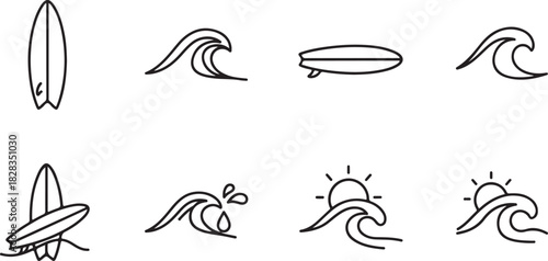 Surfboards and Waves Set in Minimal Line Art Style