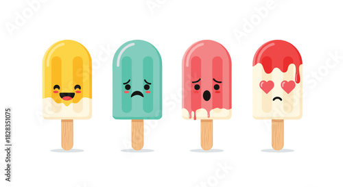 Four adorable cartoon popsicles expressing a range of emotions including happiness, sadness, surprise, and love on a white background.