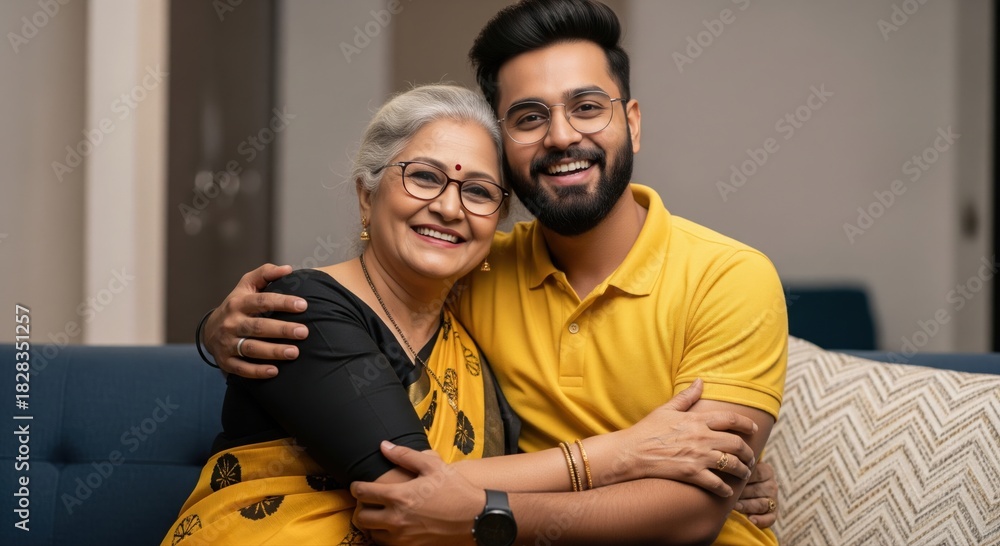 Obraz premium A smiling young man hugs his mother in saree both posing together against a plain background.