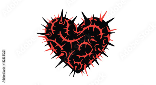 A striking illustration of a thorny heart with vibrant red vines against a deep black silhouette, symbolizing profound pain and enduring love.