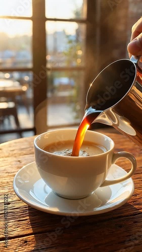 Warm morning sunlight illuminates freshly brewed coffee pouring into a white cup