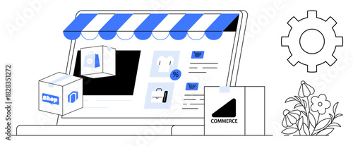 Laptop screen with shop awning, product icons, packages, and gear symbol. Ideal for online shopping, e-commerce, digital marketing, product management, retail innovation business strategy simple
