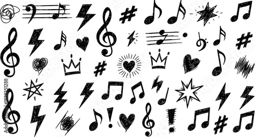 Hand drawn music notes and doodle symbol set for creative pattern