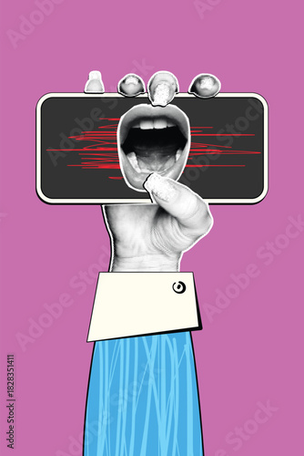 Pop Art Collage Illustration of Vintage Hand Holding Smartphone with Shouting Mouth for Social Media Noise and Digital Communication