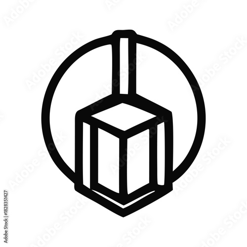 Simple minimalist line art icon of a suspended geometric shape within a circle, representing a symbol of innovation and structure
