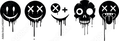 Black graffiti drip style emoji and skull icon set vector art