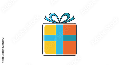 A vibrant, flat-style illustration of a gift box wrapped in yellow and orange paper with a blue ribbon and bow, symbolizing celebration and surprise.