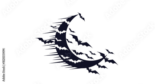 Dark crescent moon with a swarm of flying bats and dynamic motion lines, creating a spooky and mysterious nocturnal scene for Halloween.