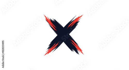 A bold, grunge-style 'X' mark created with dynamic black and red paint brush strokes on a clean white background, symbolizing choice, error, or deletion.